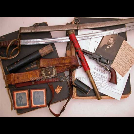 ANTIQUE CIVIL WAR CAVALRY ARTIFACTS, REVOLVER, SABER, BELT GROUPING 