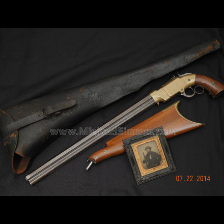 VOLCANIC PISTOL CARBINE, HOLSTER, AMBRO-TYPE, INSCRIBED